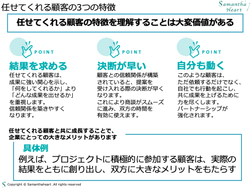 任せてくれる顧客は、 成果に強い関心を示し、 「何をしてくれるか」より「どんな成果を出せるか」を重視します。 信頼関係を築きやすく なります。