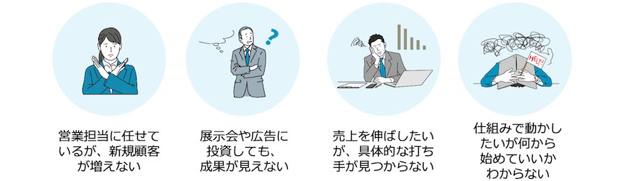 営業担当に任せているが、新規顧客が増えない 展示会や広告に投資しても、成果が見えない 売上を伸ばしたいが、具体的な打ち手が見つからない